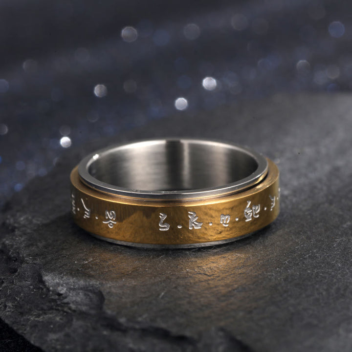 Bague rotative en acier titane avec mantra tibétain et Buddha Stones
