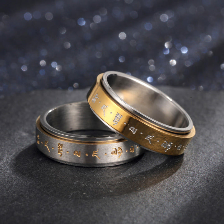 Bague rotative en acier titane avec mantra tibétain et Buddha Stones