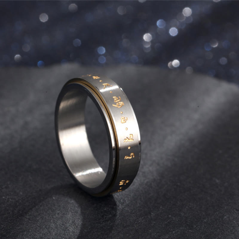 Bague rotative en acier titane avec mantra tibétain et Buddha Stones