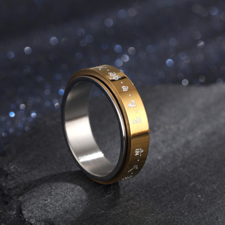 Bague rotative en acier titane avec mantra tibétain et Buddha Stones