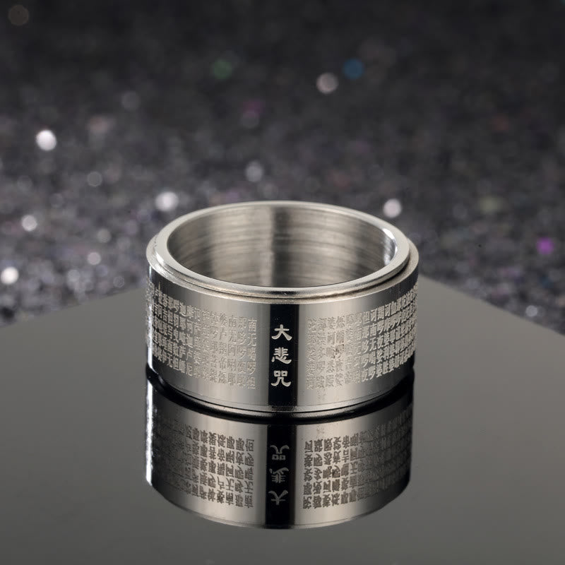 Bague rotative renforcée en acier titane sculpté avec mantra de la grande compassion de Buddha Stones - Argent - US14 - image 2