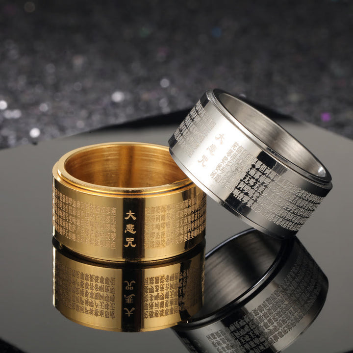 Bague rotative renforcée en acier titane sculpté avec mantra de la grande compassion de Buddha Stones