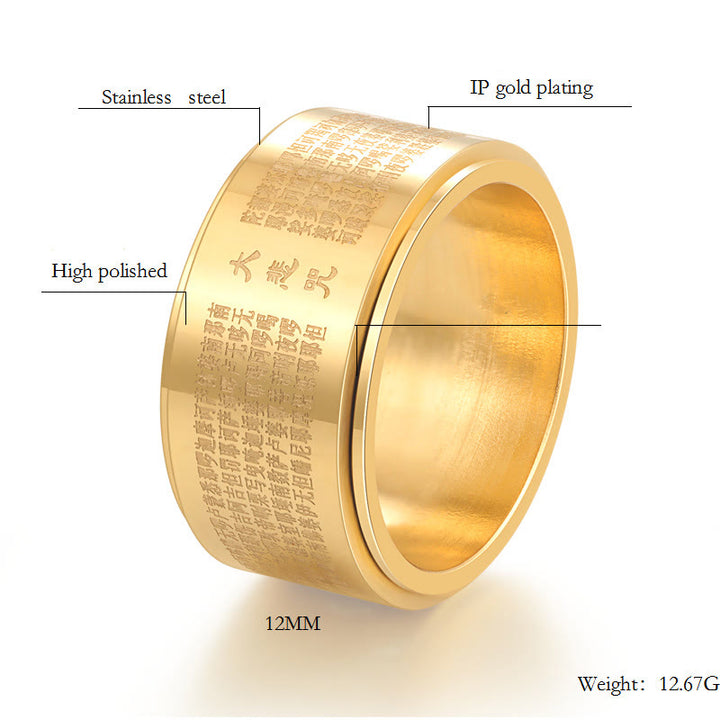Bague rotative renforcée en acier titane sculpté avec mantra de la grande compassion de Buddha Stones