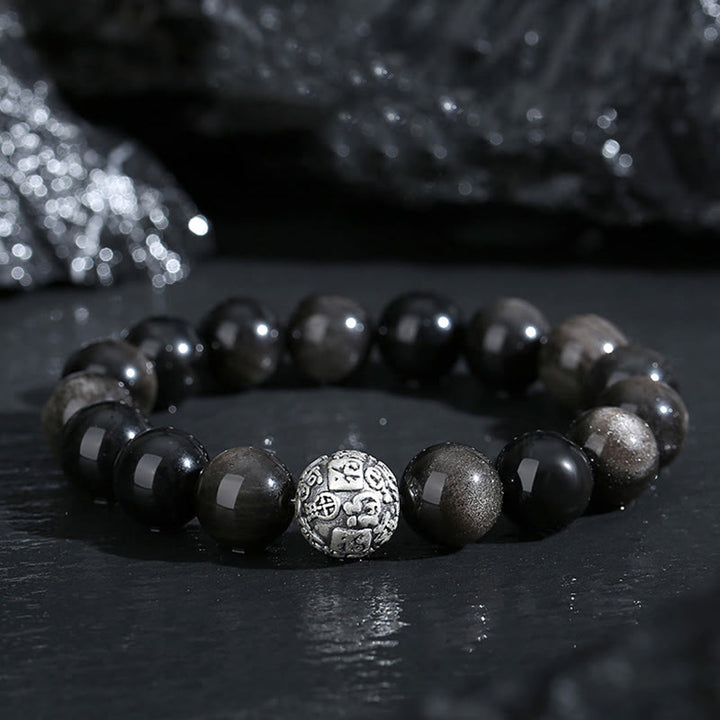 Bracelet de transformation du caractère Fu en argent sterling 999 et obsidienne noire avec Buddha Stones