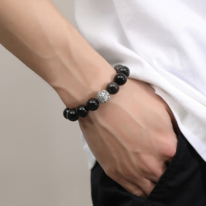 Bracelet de transformation du caractère Fu en argent sterling 999 et obsidienne noire avec Buddha Stones