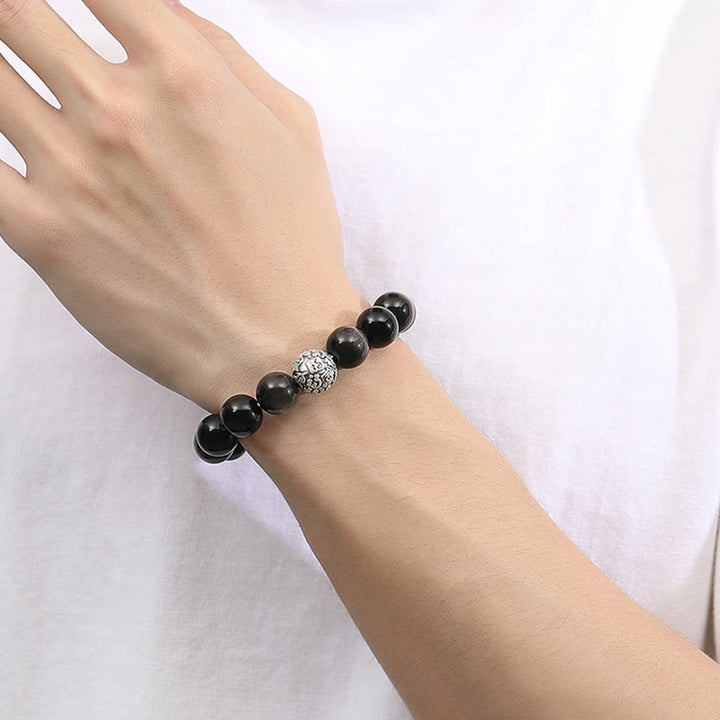 Bracelet de transformation du caractère Fu en argent sterling 999 et obsidienne noire avec Buddha Stones