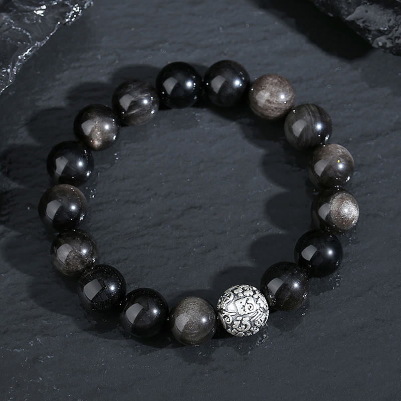 Bracelet de transformation du caractère Fu en argent sterling 999 et obsidienne noire avec Buddha Stones
