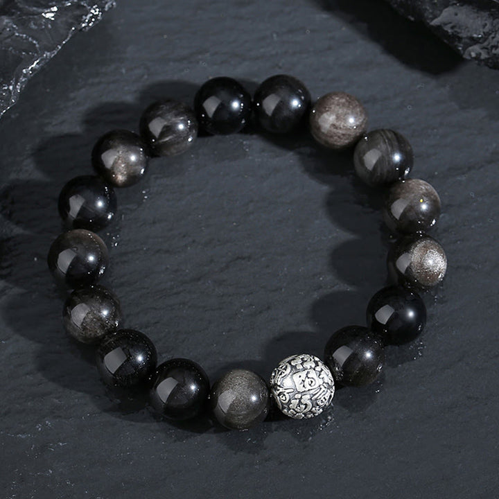 Bracelet de transformation du caractère Fu en argent sterling 999 et obsidienne noire avec Buddha Stones