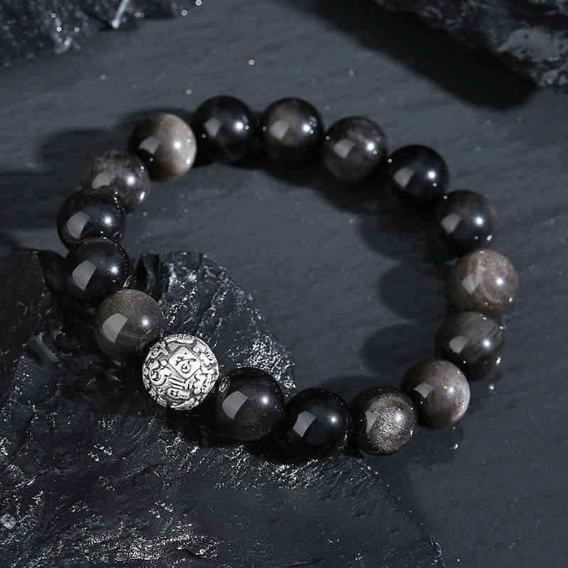 Bracelet de transformation du caractère Fu en argent sterling 999 et obsidienne noire avec Buddha Stones