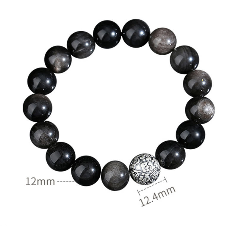 Bracelet de transformation du caractère Fu en argent sterling 999 et obsidienne noire avec Buddha Stones