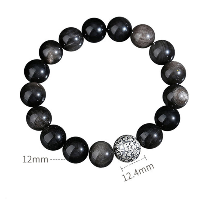 Bracelet de transformation du caractère Fu en argent sterling 999 et obsidienne noire avec Buddha Stones