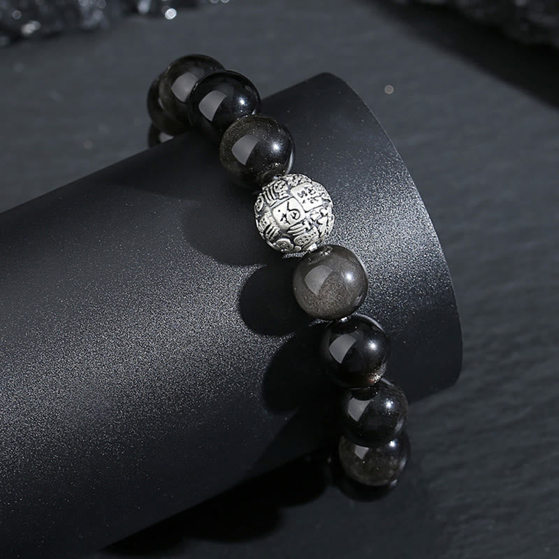 Bracelet de transformation du caractère Fu en argent sterling 999 et obsidienne noire avec Buddha Stones