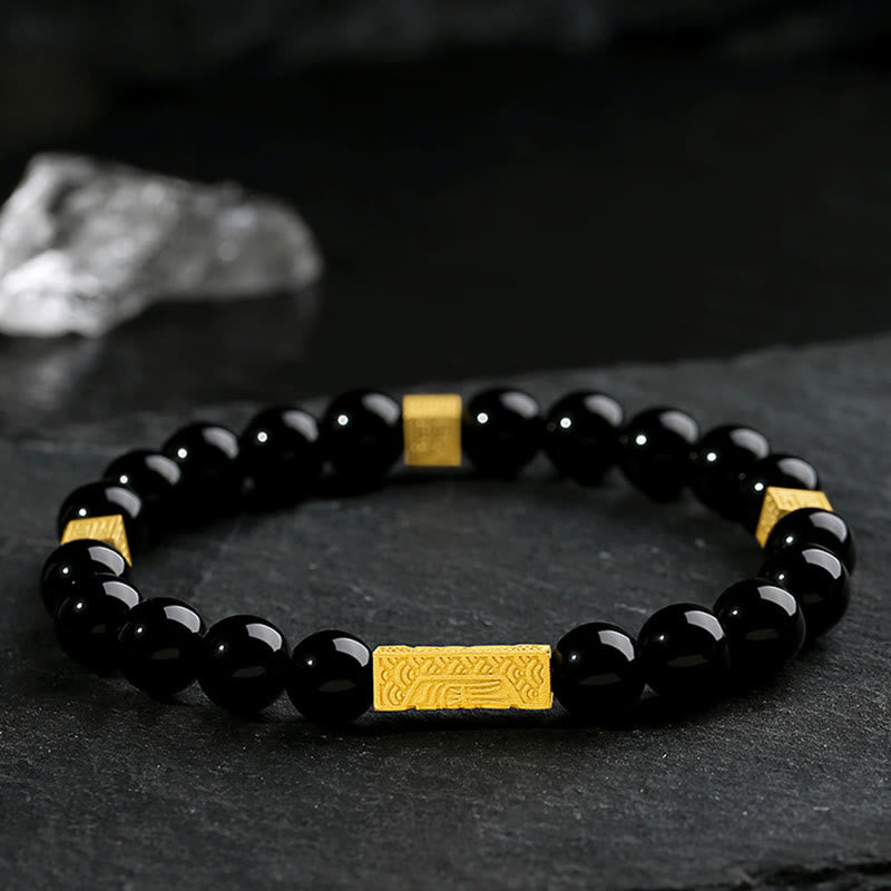 Bracelet de force en argent sterling 925 avec obsidienne noire et pierres de Buddha Stones Fu - image 1