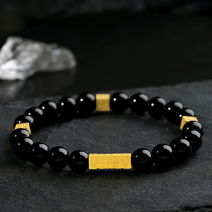 Bracelet de force en argent sterling 925 avec obsidienne noire et pierres de Buddha Stones Fu - image 1
