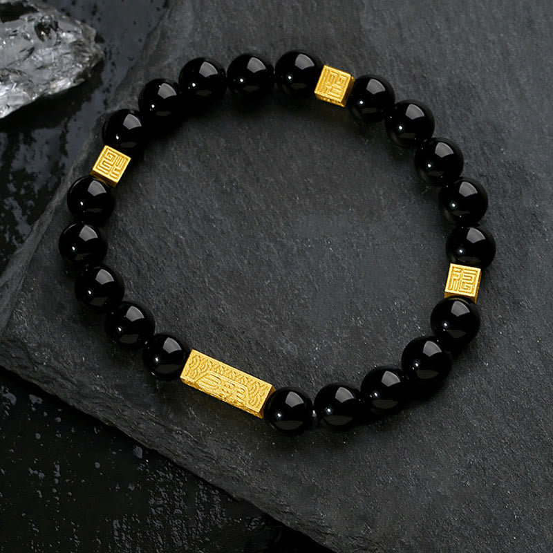 Bracelet de force en argent sterling 925 avec obsidienne noire et pierres de Buddha Stones Fu - Obsidienne noire dorée (Tour de poignet : 17-19 cm) - image 0