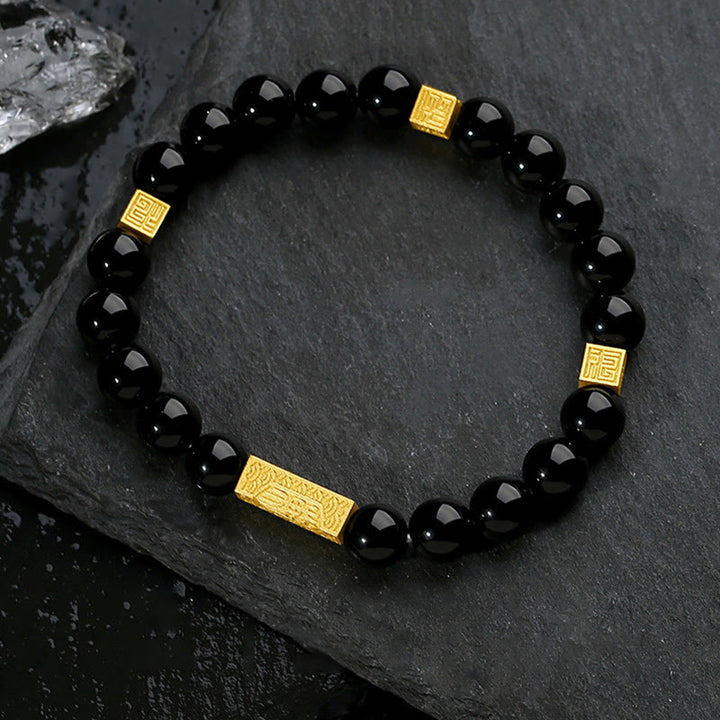 Bracelet de force en argent sterling 925 avec obsidienne noire et pierres de Buddha Stones Fu - Obsidienne noire dorée (Tour de poignet : 17-19 cm) - image 0