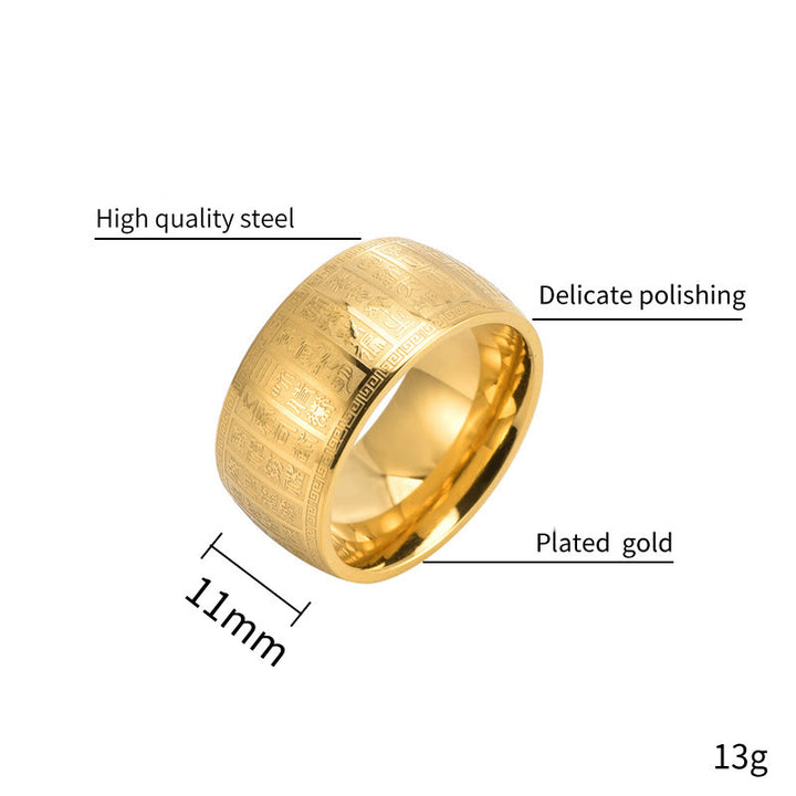 Bague d'équilibre en acier titane avec motifs gravés de caractères chinois et Buddha Stones