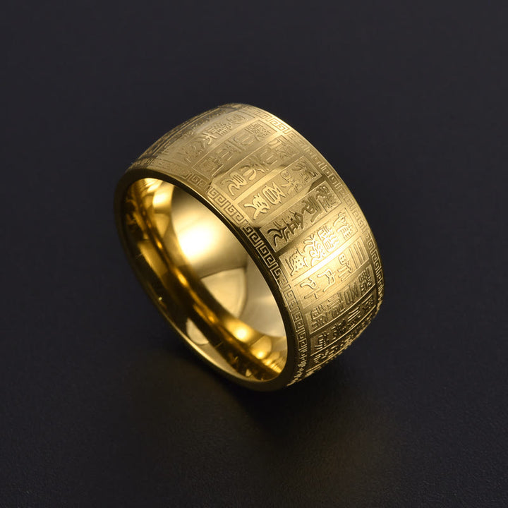 Bague d'équilibre en acier titane avec motifs gravés de caractères chinois et Buddha Stones