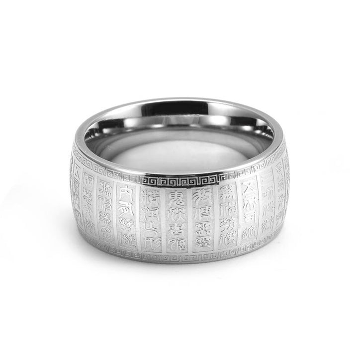 Bague d'équilibre en acier titane avec motifs gravés de caractères chinois et Buddha Stones