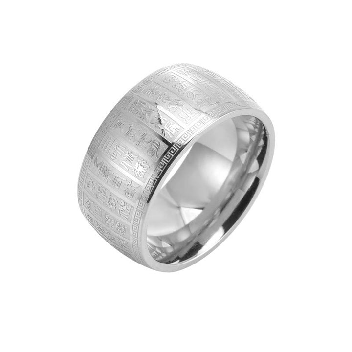 Bague d'équilibre en acier titane avec motifs gravés de caractères chinois et Buddha Stones