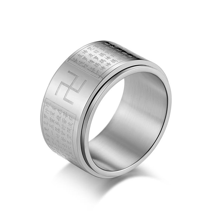 Bague rotative porte-bonheur en acier titane Buddha Stones et Sutra du cœur Swastika