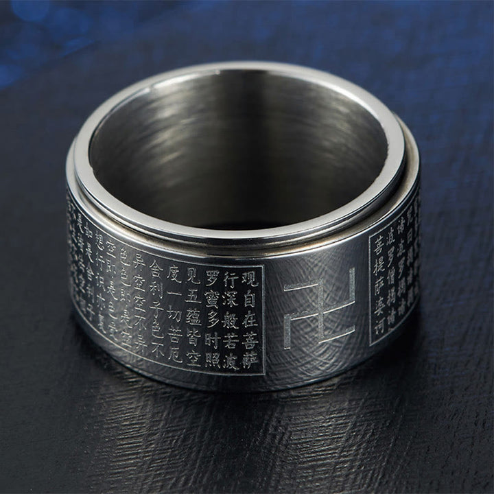 Bague rotative porte-bonheur en acier titane Buddha Stones et Sutra du cœur Swastika