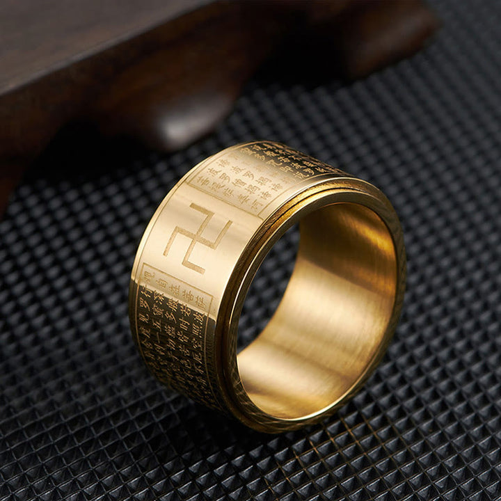 Bague rotative porte-bonheur en acier titane Buddha Stones et Sutra du cœur Swastika