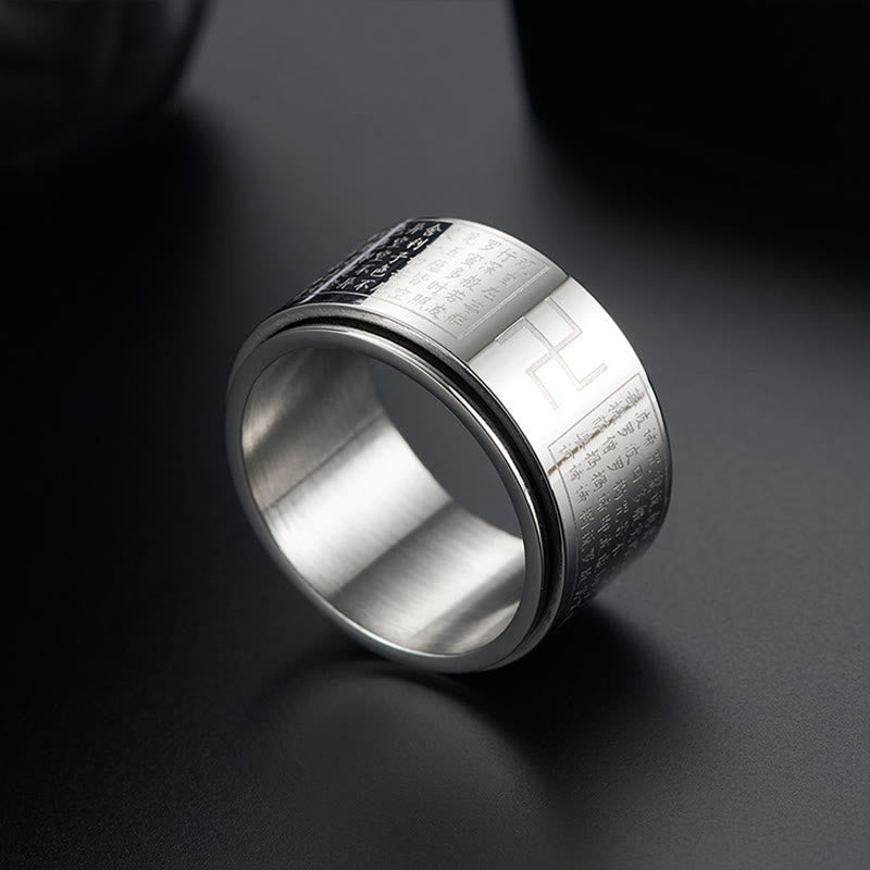 Bague rotative porte-bonheur en acier titane Buddha Stones et Sutra du cœur Swastika