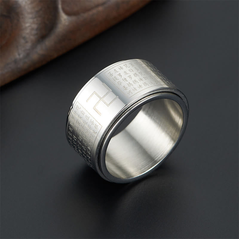 Bague rotative porte-bonheur en acier titane Buddha Stones et Sutra du cœur Swastika