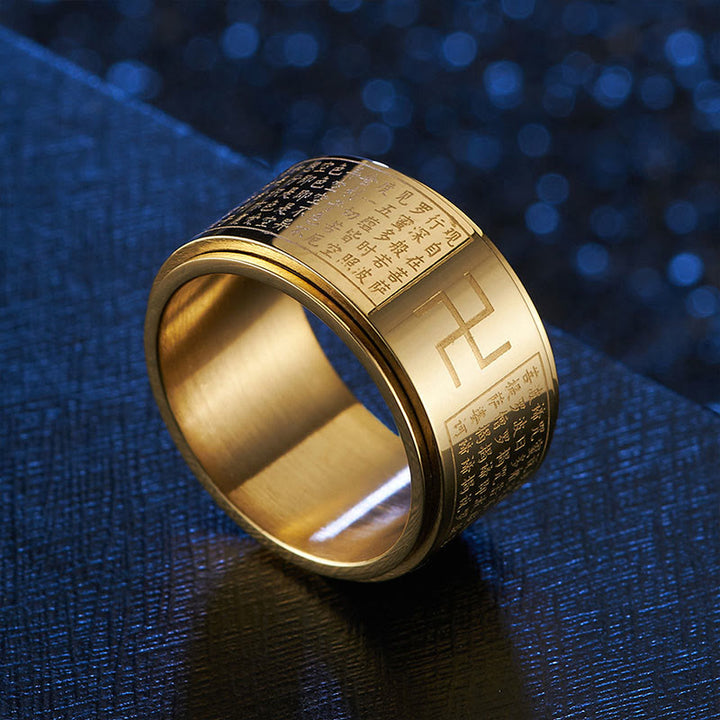 Bague rotative porte-bonheur en acier titane Buddha Stones et Sutra du cœur Swastika