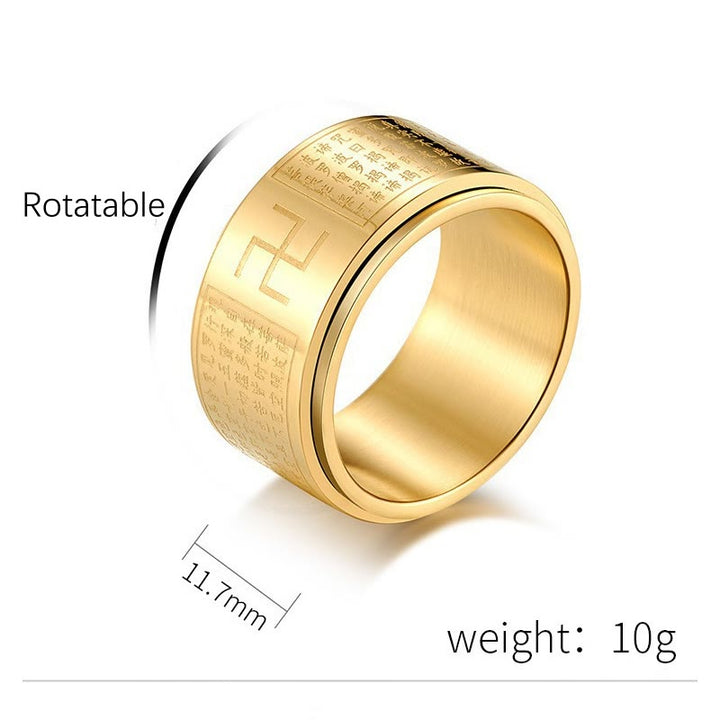 Bague rotative porte-bonheur en acier titane Buddha Stones et Sutra du cœur Swastika