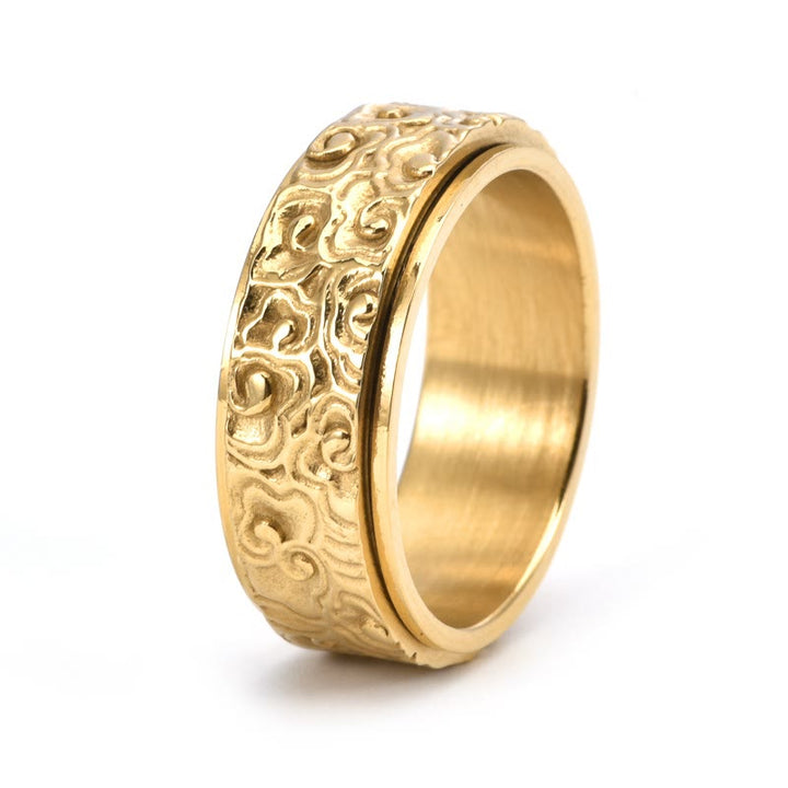 Bague rotative en acier titane sculptée avec motif de nuages de bon augure et Buddha Stones