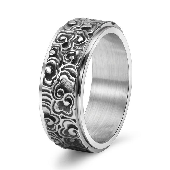 Bague rotative en acier titane sculptée avec motif de nuages de bon augure et Buddha Stones
