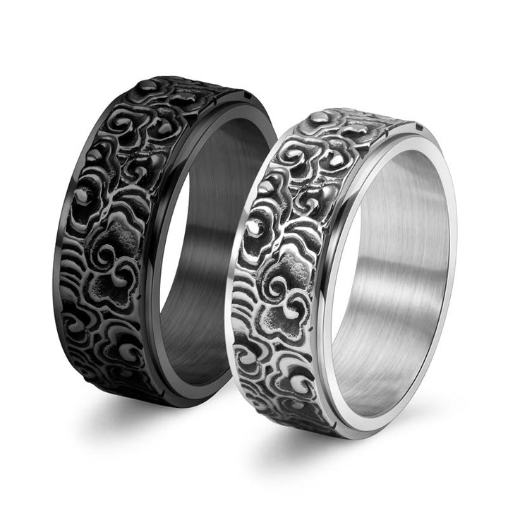 Bague rotative en acier titane sculptée avec motif de nuages de bon augure et Buddha Stones