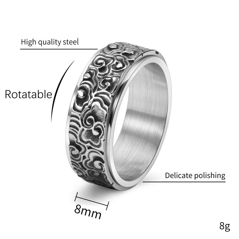 Bague rotative en acier titane sculptée avec motif de nuages de bon augure et Buddha Stones