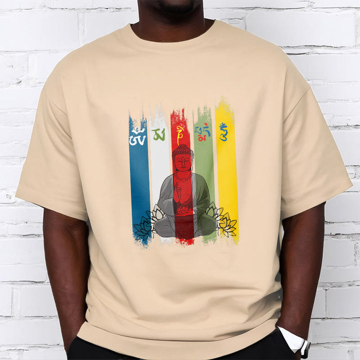 T-shirt en coton Bouddha assis avec lotus et Buddha Stones Six mots vrais « Om Mani Padme Hum »