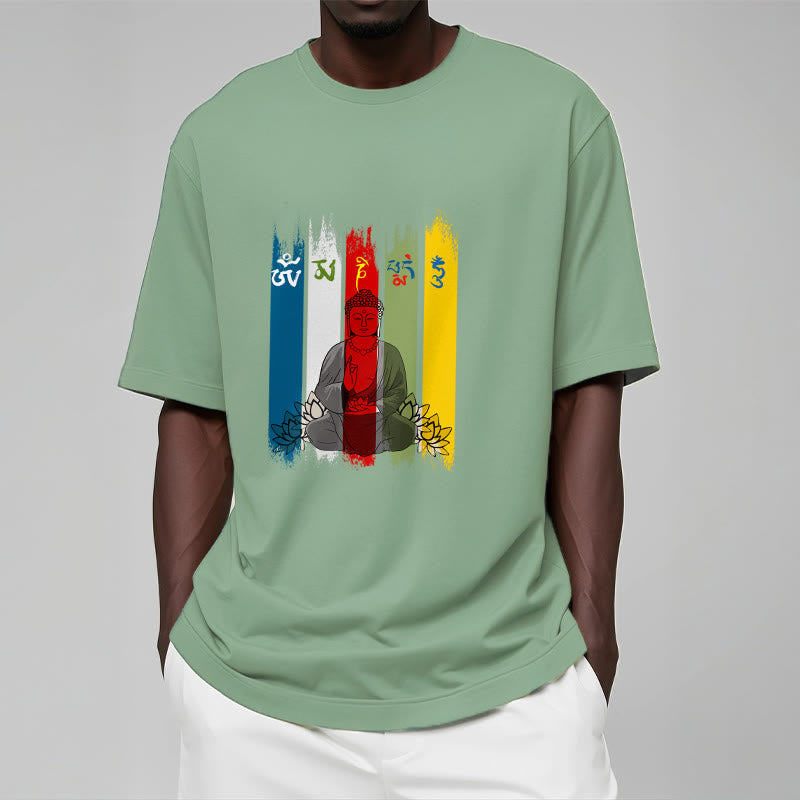 T-shirt en coton Bouddha assis avec lotus et Buddha Stones Six mots vrais « Om Mani Padme Hum »