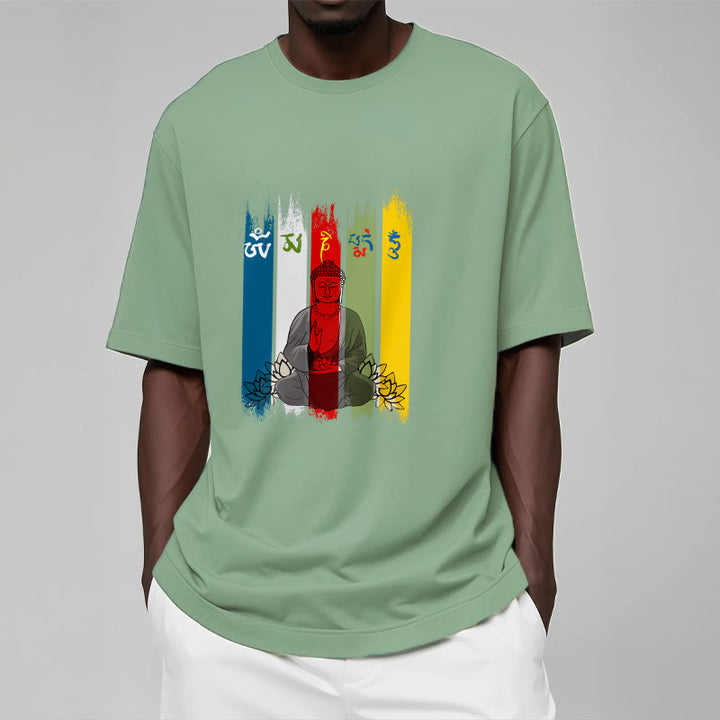 T-shirt en coton Bouddha assis avec lotus et Buddha Stones Six mots vrais « Om Mani Padme Hum »