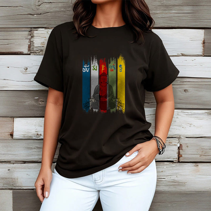 T-shirt en coton Bouddha assis avec lotus et Buddha Stones Six mots vrais « Om Mani Padme Hum »
