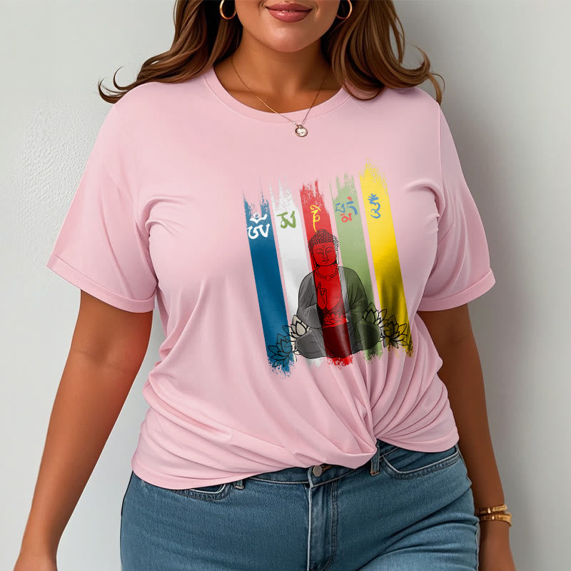 T-shirt en coton Bouddha assis avec lotus et Buddha Stones Six mots vrais « Om Mani Padme Hum »
