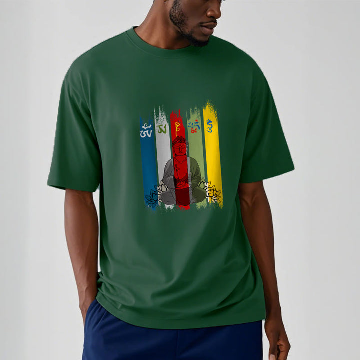 T-shirt en coton Bouddha assis avec lotus et Buddha Stones Six mots vrais « Om Mani Padme Hum »