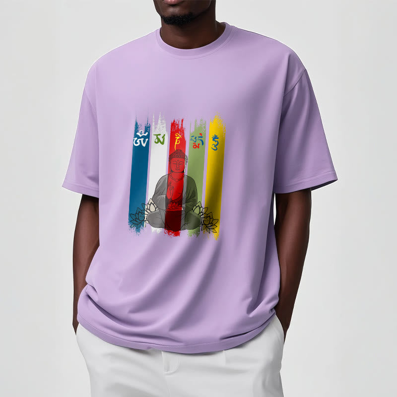 T-shirt en coton Bouddha assis avec lotus et Buddha Stones Six mots vrais « Om Mani Padme Hum »