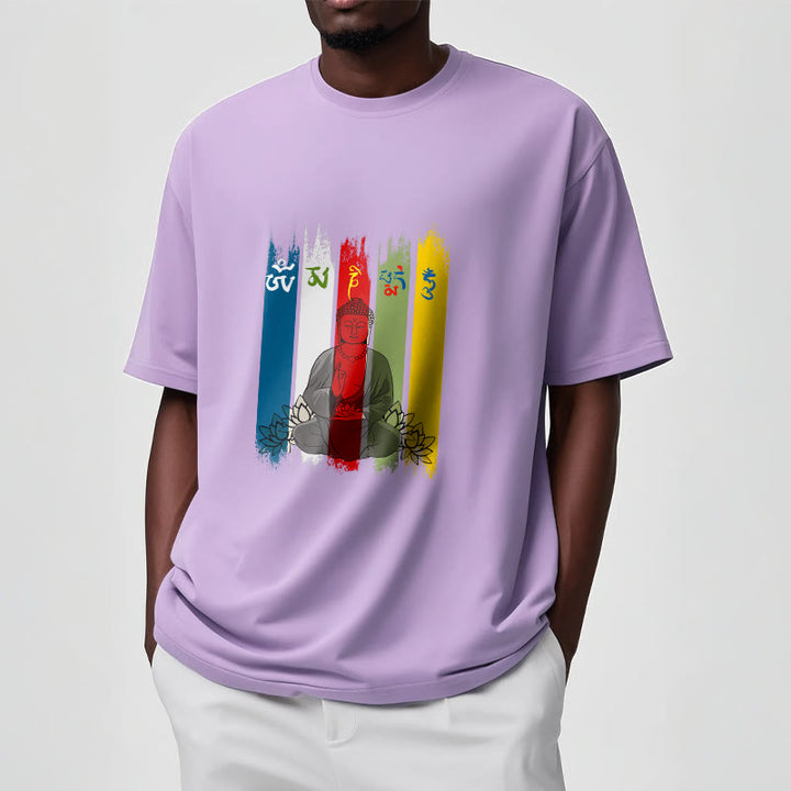 T-shirt en coton Bouddha assis avec lotus et Buddha Stones Six mots vrais « Om Mani Padme Hum »