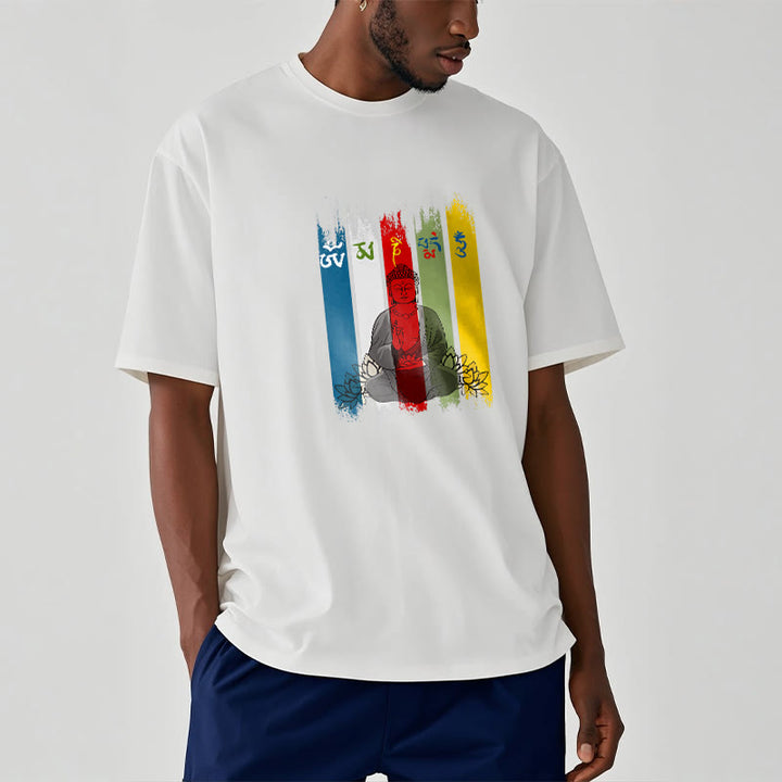 T-shirt en coton Bouddha assis avec lotus et Buddha Stones Six mots vrais « Om Mani Padme Hum »