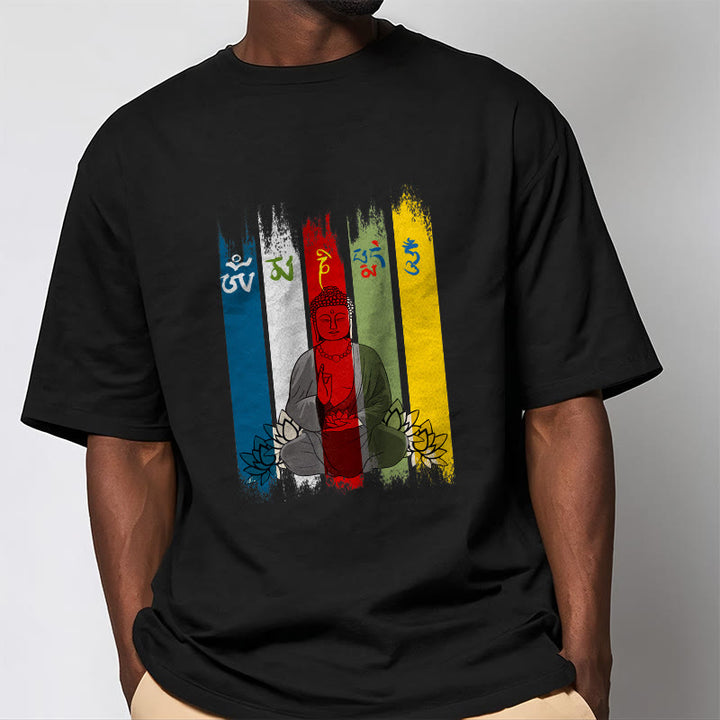 T-shirt en coton Bouddha assis avec lotus et Buddha Stones Six mots vrais « Om Mani Padme Hum »