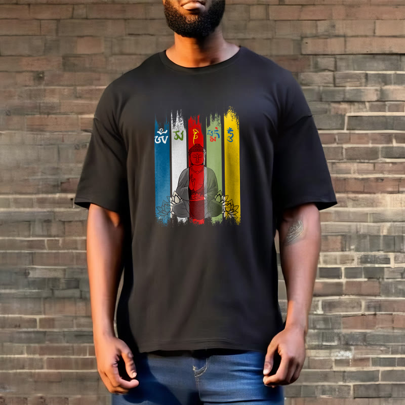 T-shirt en coton Bouddha assis avec lotus et Buddha Stones Six mots vrais « Om Mani Padme Hum »
