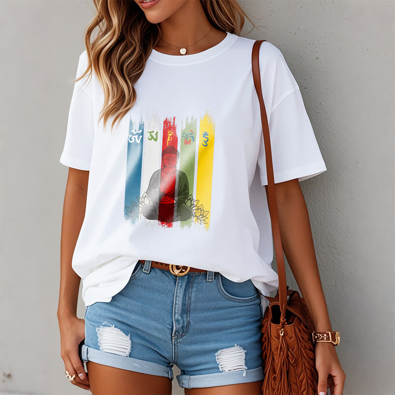 T-shirt en coton Bouddha assis avec lotus et Buddha Stones Six mots vrais « Om Mani Padme Hum »