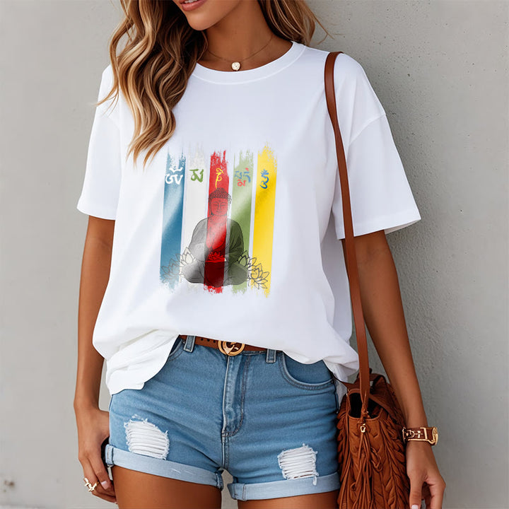 T-shirt en coton Bouddha assis avec lotus et Buddha Stones Six mots vrais « Om Mani Padme Hum »
