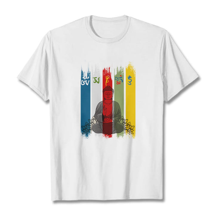 T-shirt en coton Bouddha assis avec lotus et Buddha Stones Six mots vrais « Om Mani Padme Hum »