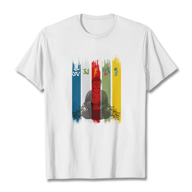 T-shirt en coton Bouddha assis avec lotus et Buddha Stones Six mots vrais « Om Mani Padme Hum » - Blanc - 2XL - image 9